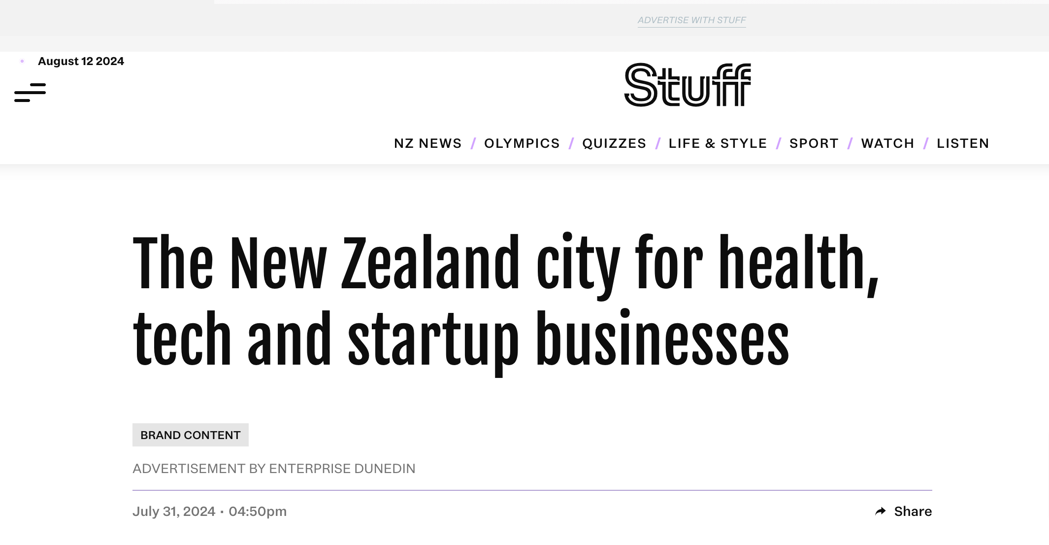 Stuff article - The NZ city for health tech and startups