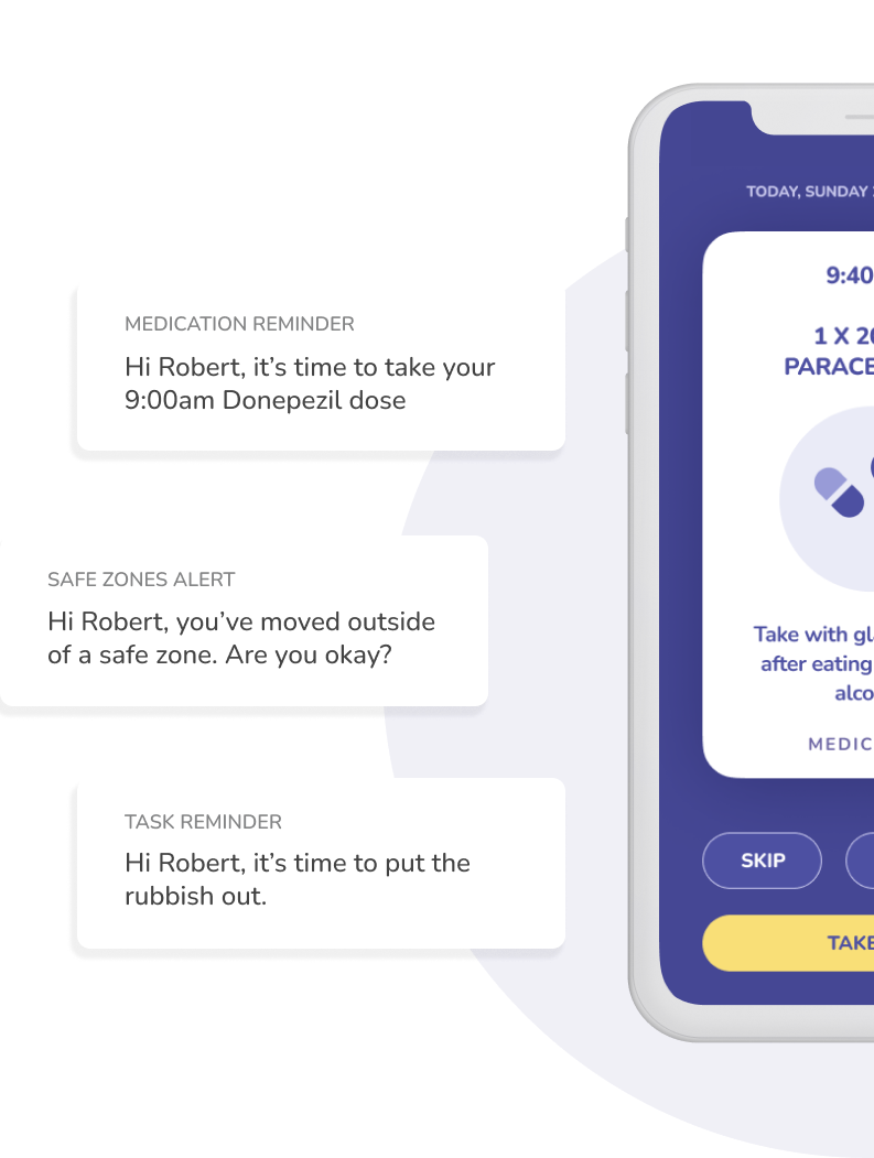 interface showing notifications for people living with dementia or cognitive impairment